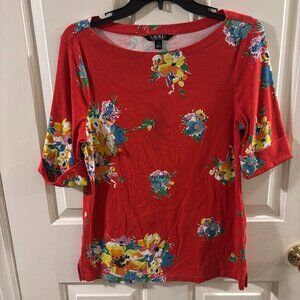 Lauren Ralph Lauren Black Label Women's Red Floral Short Sleeve Top ~ Large